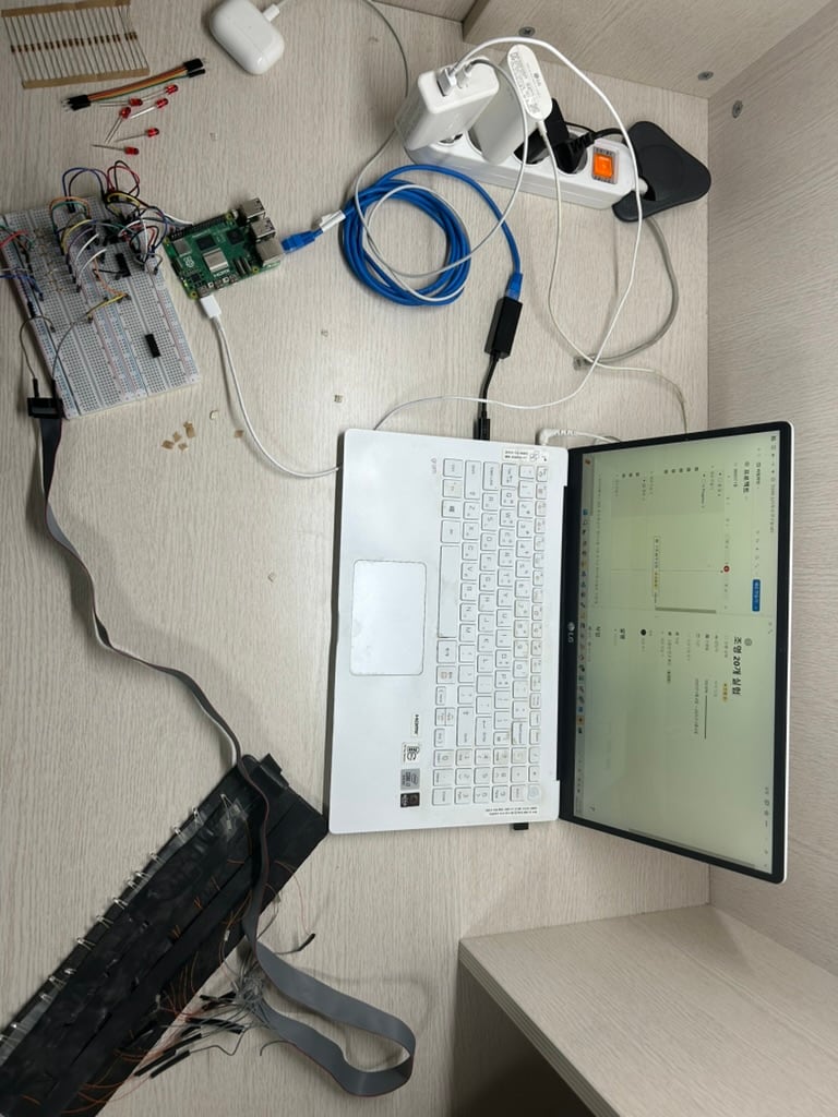 노트북·Raspberry Pi·시험 회로·기존 LED 리본 케이블을 함께 연결해 원격·유선 운용과 실제 채널 반응을 확인하던 현장 구성.